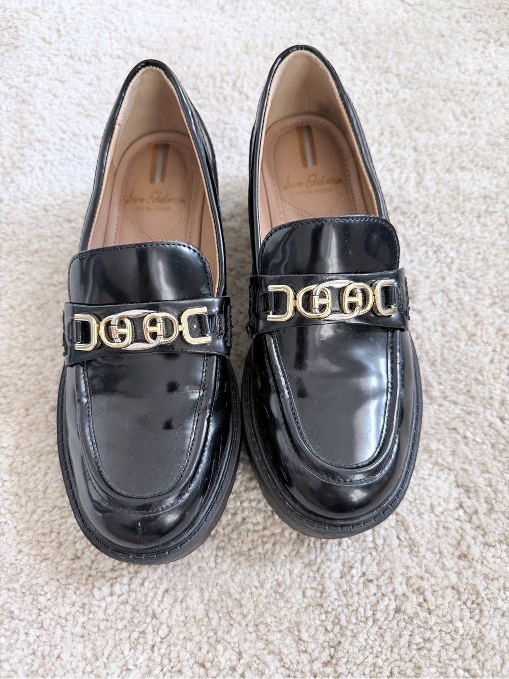 Sam Edelman Black Patent Loafers with Gold Hardware